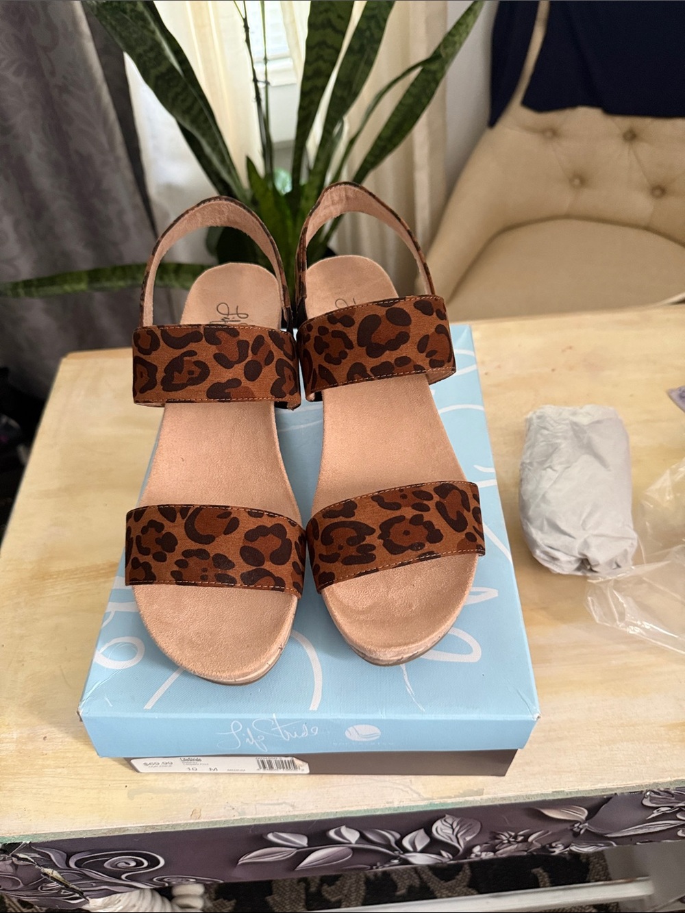 Life Stride Leopard-Print Double Strap Sandals in Brown